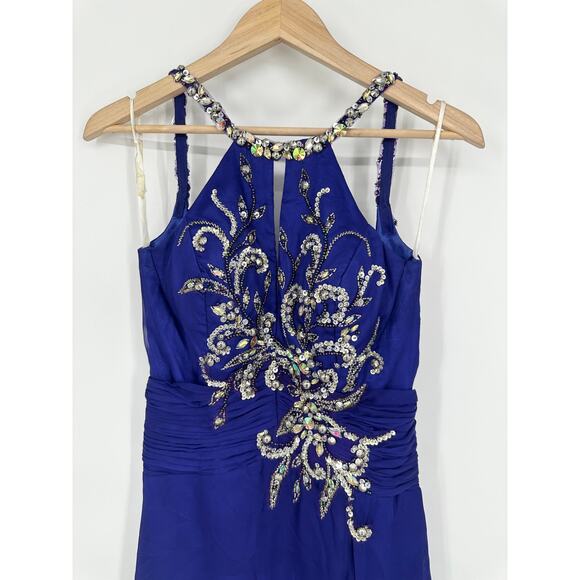 Mac Duggal Beaded Sequin Halter Maxi Prom Dress Cut-Out Open Back Sparkle Gown - Picture 3 of 13